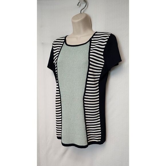 ANTONIO MELANI Navy Blue Round Neck Striped Blouse Cap Sleeve Size M - Picture 3 of 6